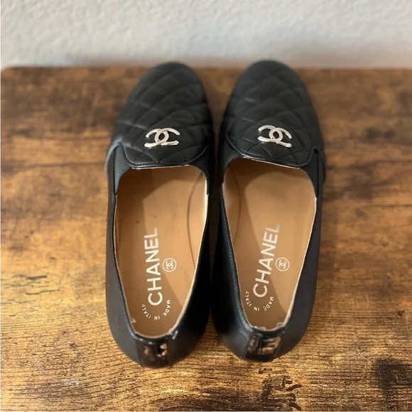 Authentic Chanel Black Quilted Loafers with Silver Logo 36.5 - Picture 7 of 16
